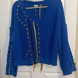 POL Royal Blue V-Neck Sweater with Colorful Stitch Details